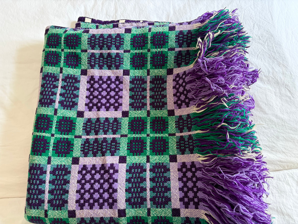 Vintage Welsh Wool Tapestry blanket Derw green purple blue VGC double portcullis pattern