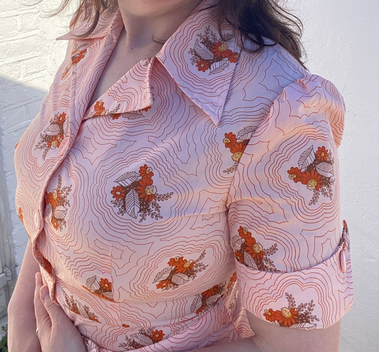 Vintage 70s Cotton polyester orange peach print belted shirt dress print size 10 12