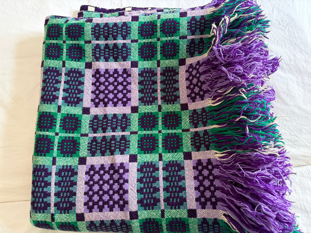 Vintage Welsh Wool Tapestry blanket Derw green purple blue VGC double portcullis pattern