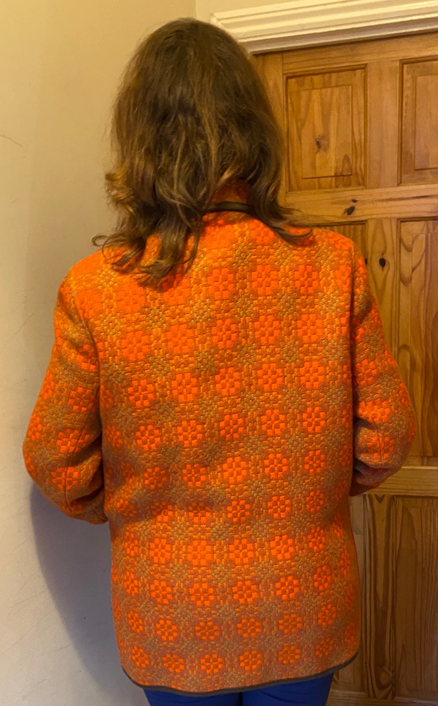 Vintage 60s orange Eclipse print Welsh Wool Tapestry pea coat jacket buttons pockets size 18 20