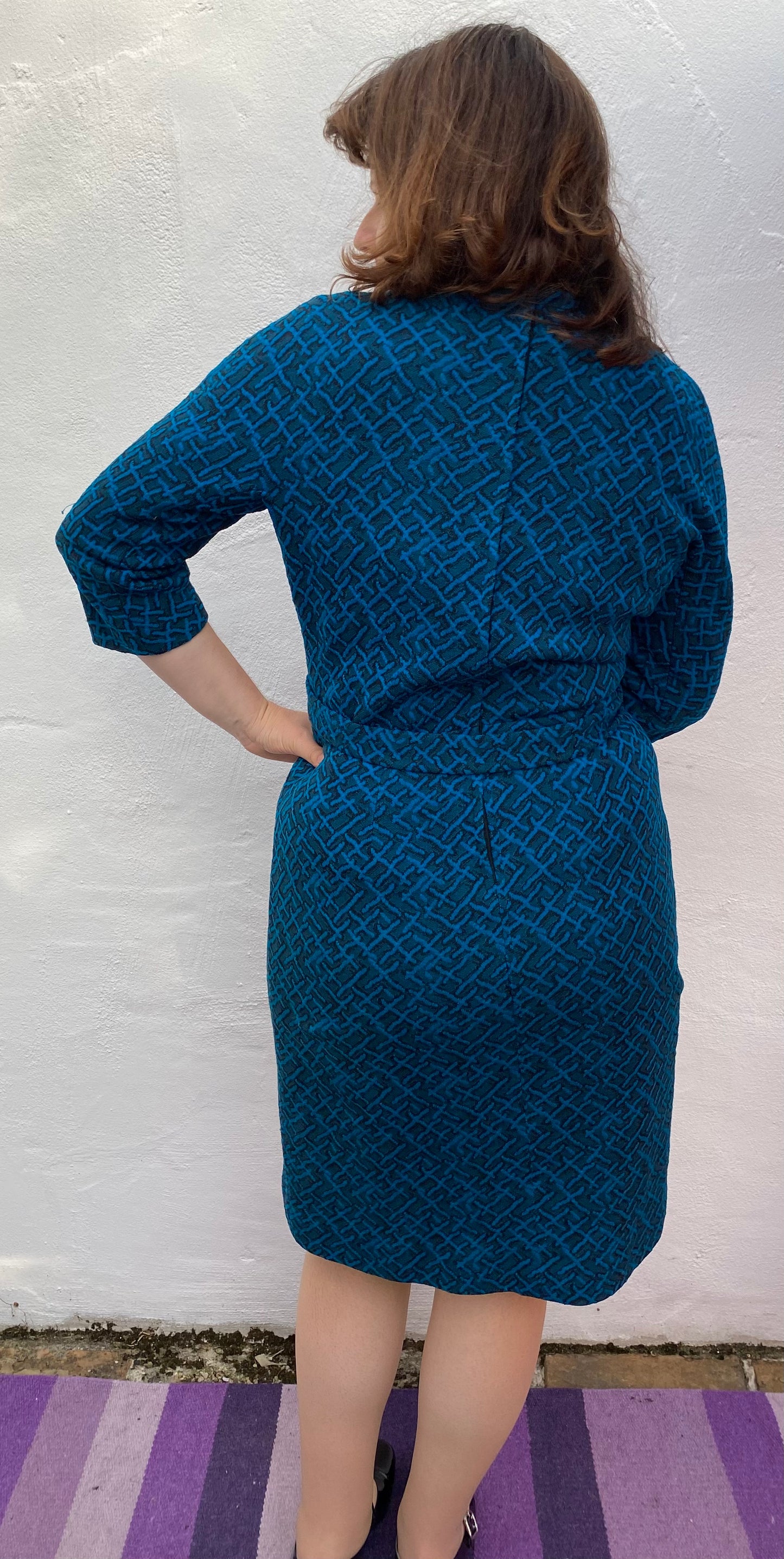 Vintage Teal blue black print 60s dress jacket suit two piece Sydney Crouch End Label size 16