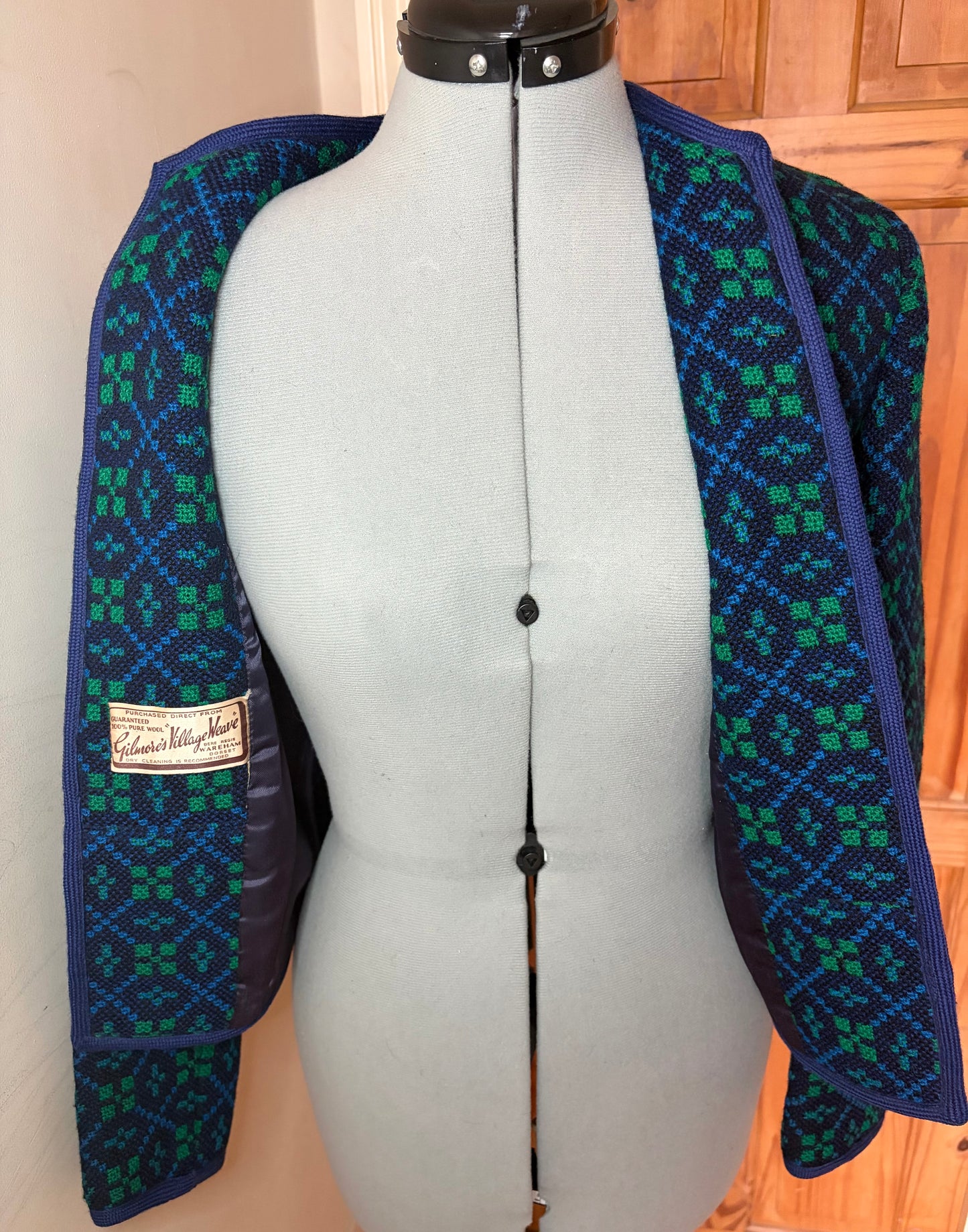 Vintage geometric Print Welsh Wool Tapestry jacket smart dark blue turquoise size 10 small