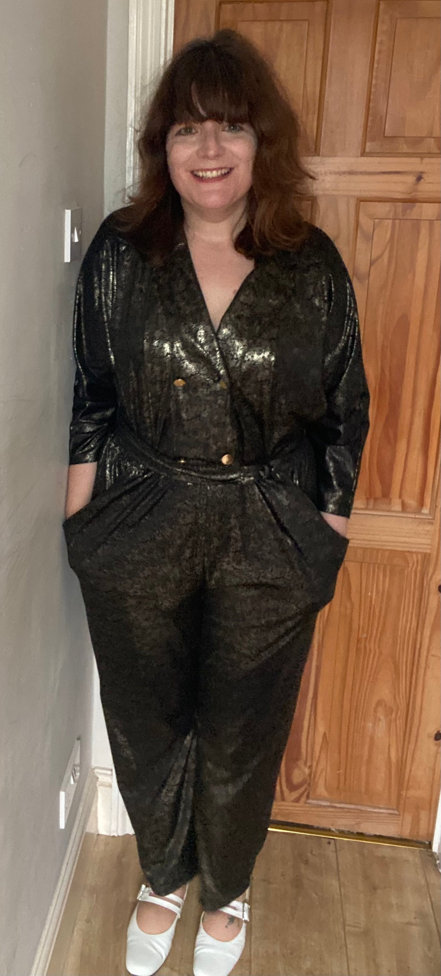 Vintage 80s black and gold double breasted jumpsuit with belt long sleeve disco size 20