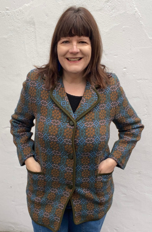 Vintage welsh wool tapestry pea car coat brown orange blue 40 inch chest 60s size 14