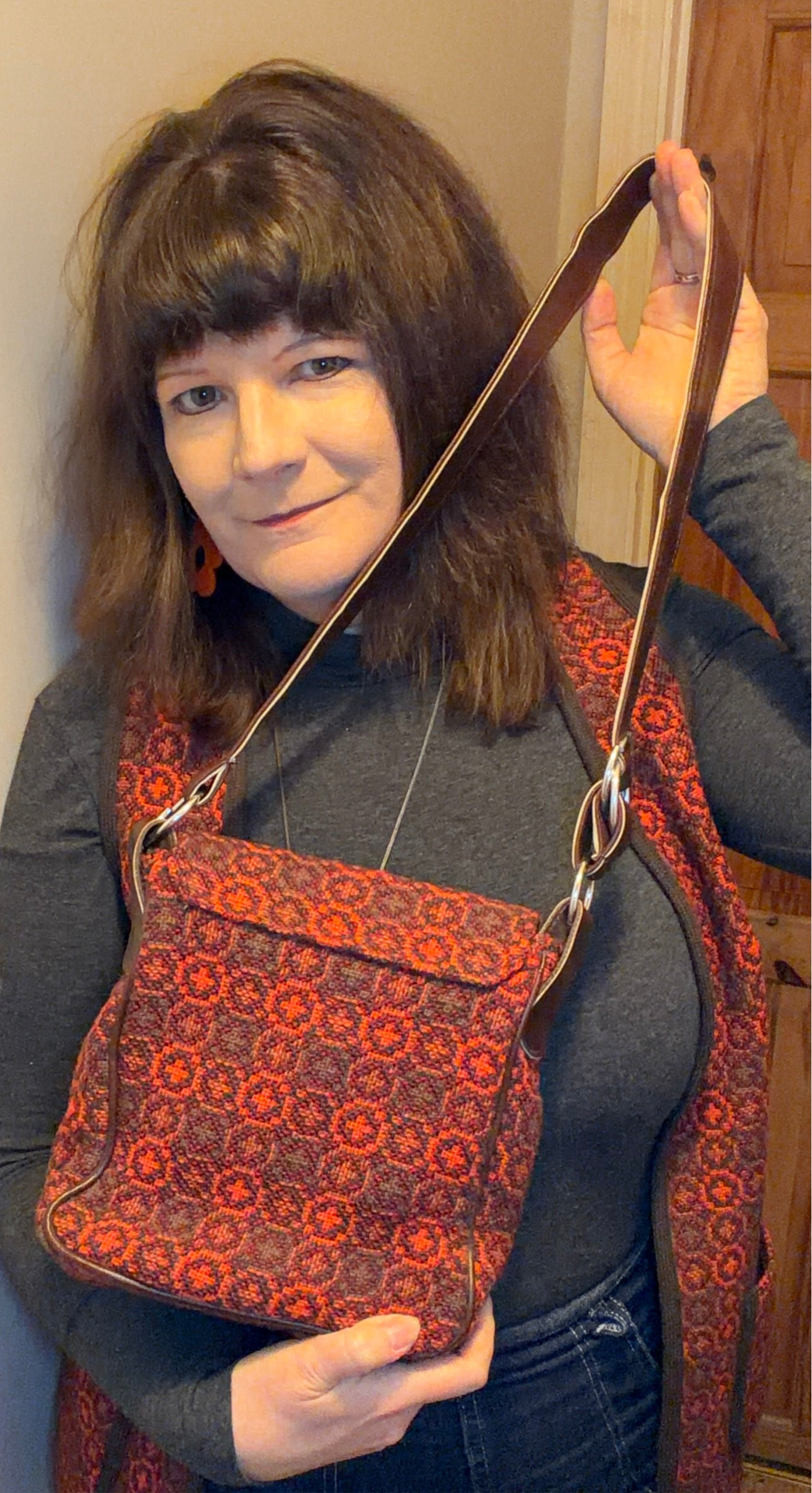 Vintage orange brown Welsh Wool Tapestry medium shoulder hand bag handbag