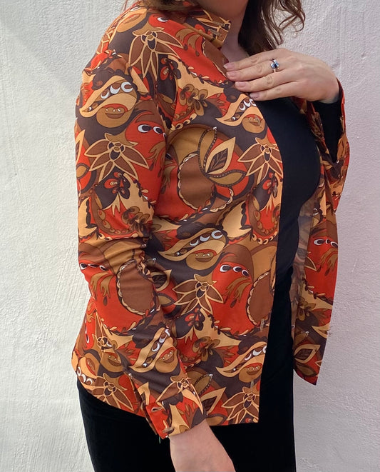 Vintage 70s orange brown St Michael polyester shirt collarless psychedelic print size 10