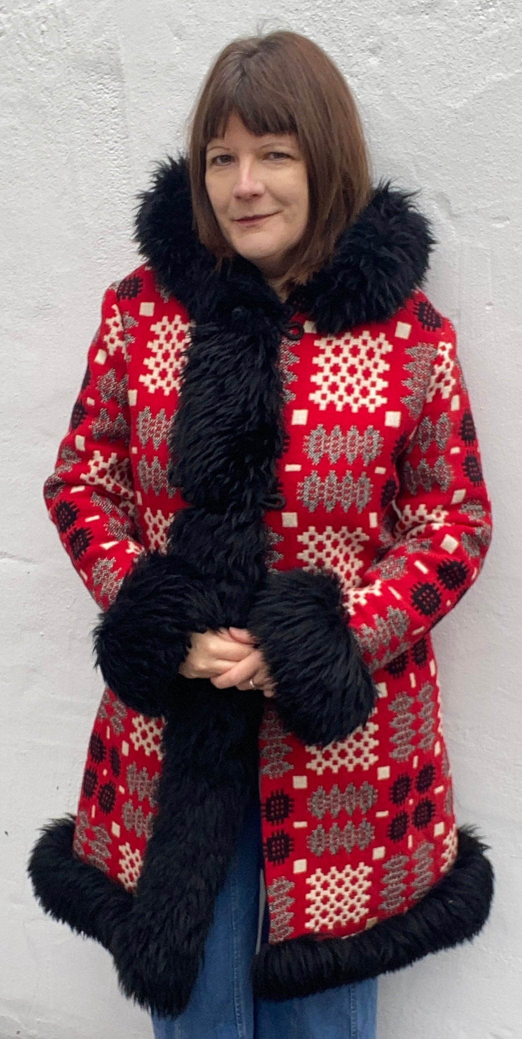 Vintage Welsh Wool Tapestry faux fur trim long hooded coat Pandy Red white grey up to size 16