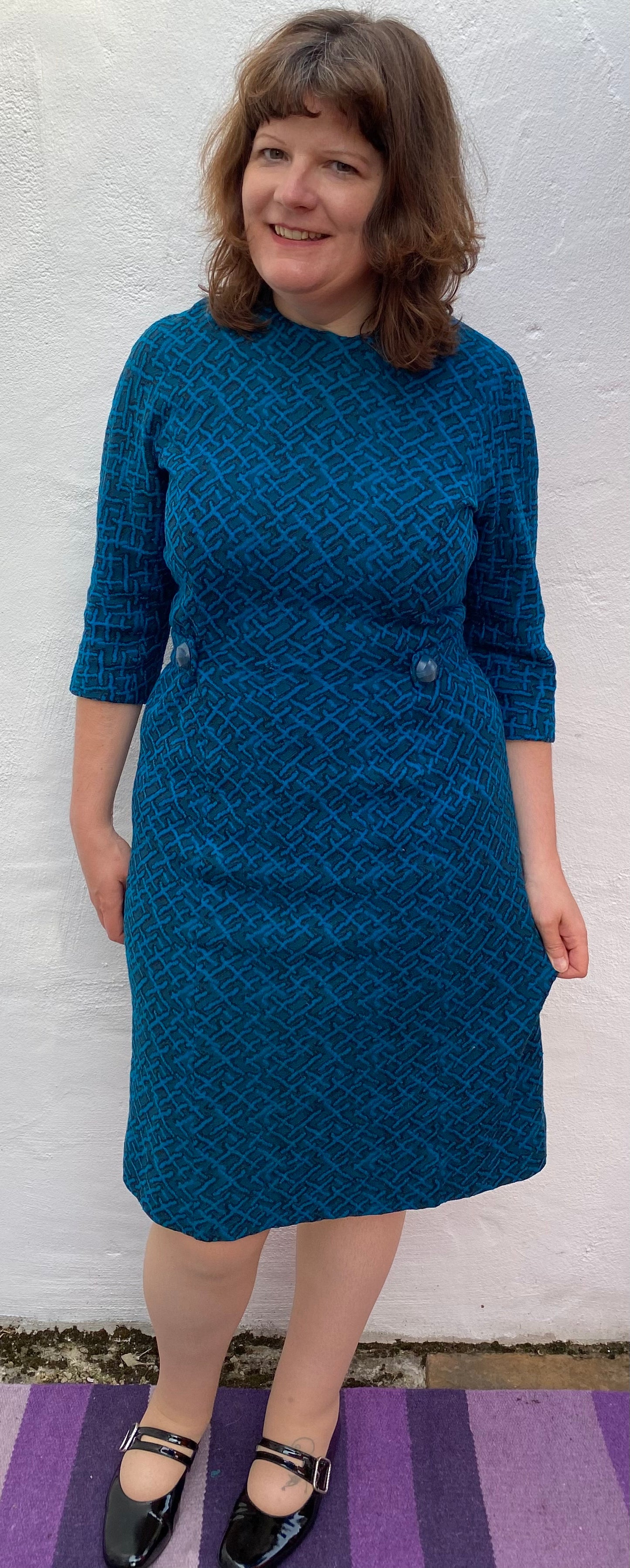 Vintage Teal blue black print 60s dress jacket suit two piece Sydney Crouch End Label size 16