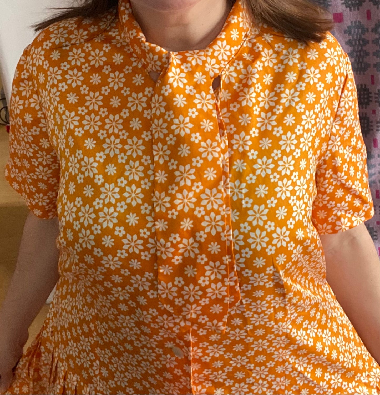 Vintage 70s 80s orange white print shirt dress Tricel pleated skirt dropped waist short sleeves size 20