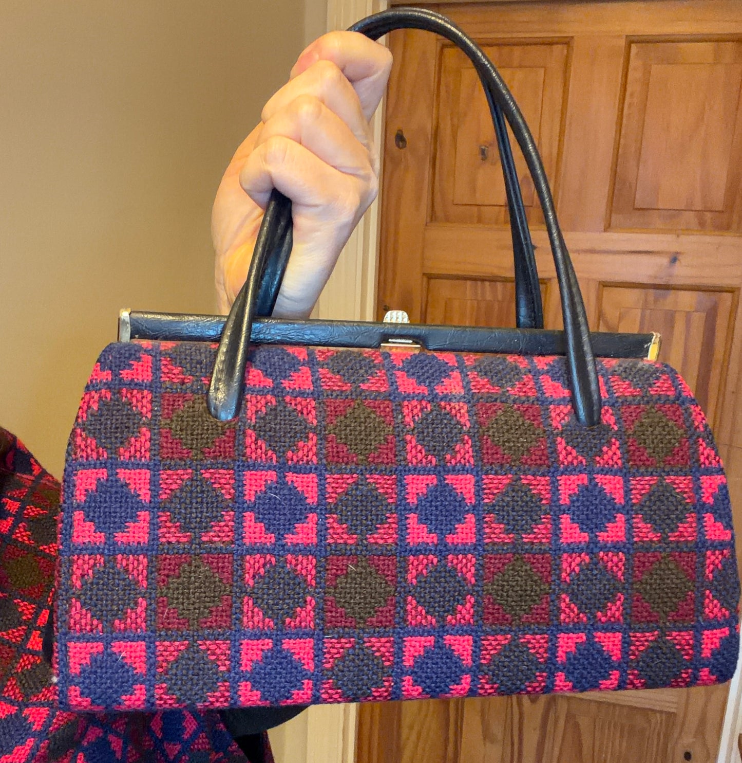 Vintage pink & purple geometric print Welsh Wool Tapestry handbag structured bag