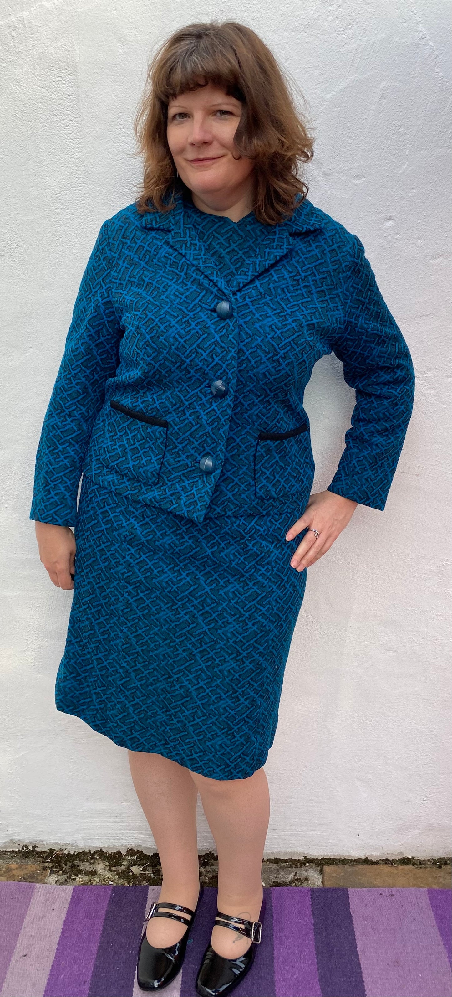 Vintage Teal blue black print 60s dress jacket suit two piece Sydney Crouch End Label size 16