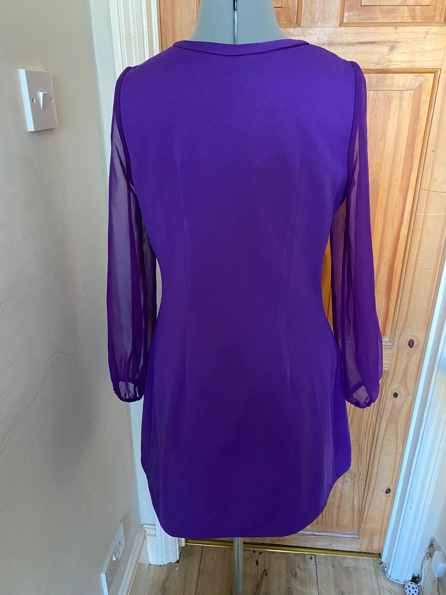 Vintage 60s Polyester purple sheer long sleeve mini dress size 10 12