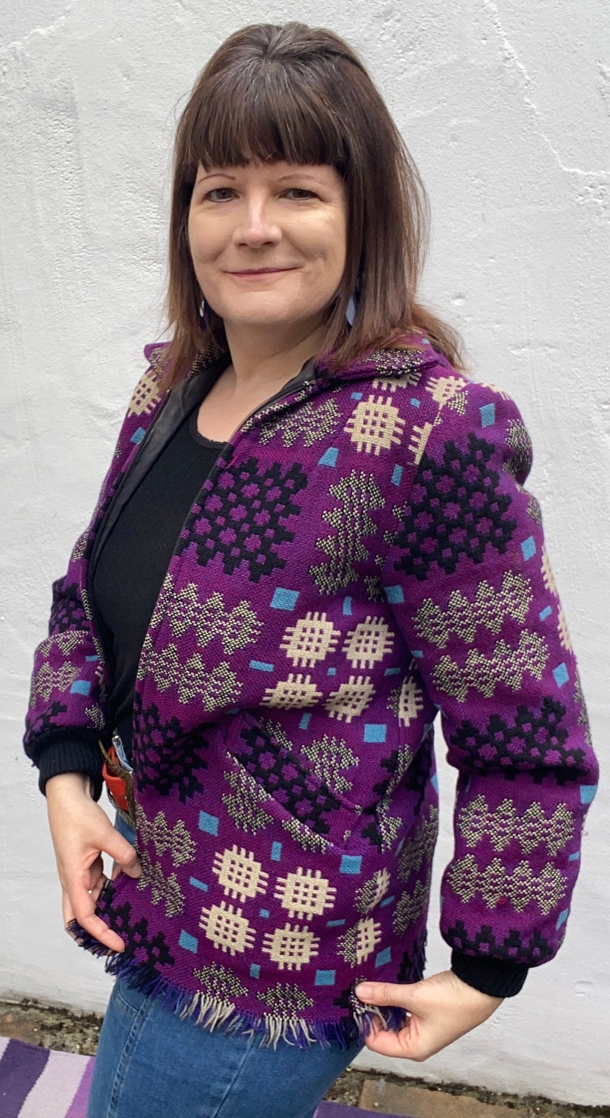 Vintage 60s 70s Welsh Wool Tapestry Jacket zip portcullis print purple white size 12  14 pockets Jon Ro Fashions
