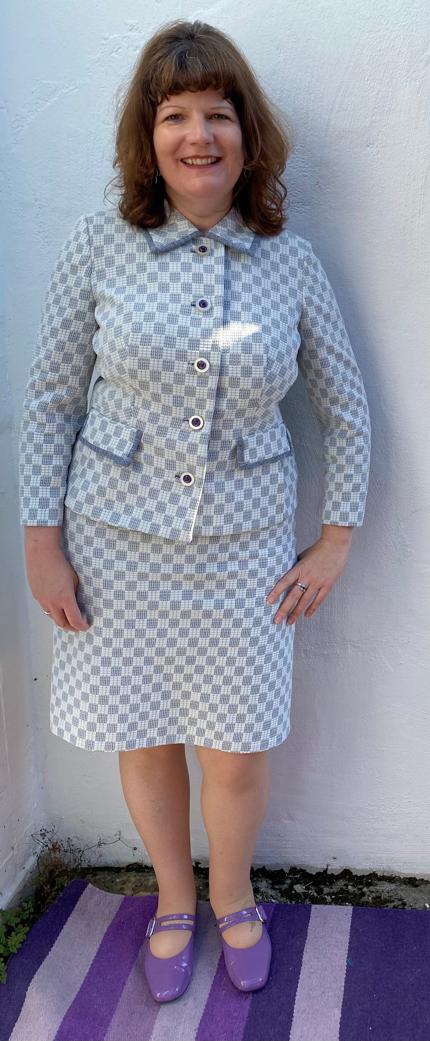 Vintage Grey white Crimplene print 60s 70s jacket skirt suit two piece Eastex Label size 12 14