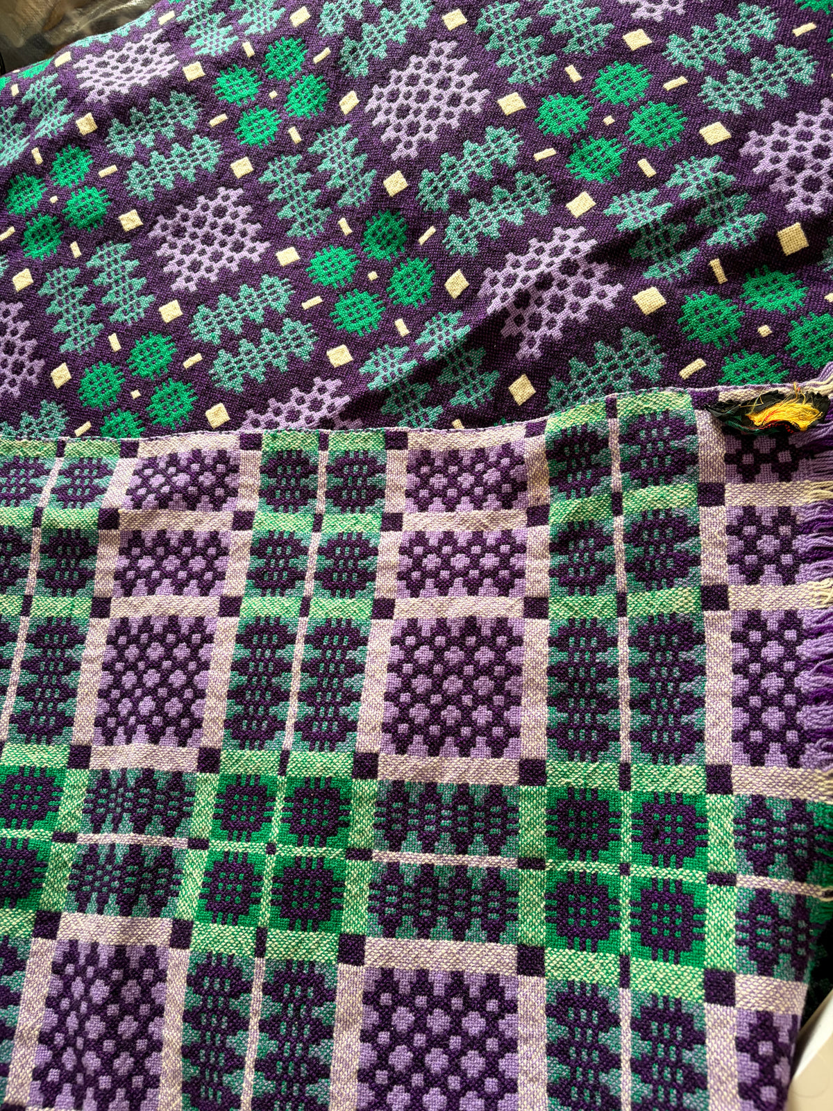 Vintage Welsh Wool Tapestry blanket Derw green purple blue VGC double portcullis pattern
