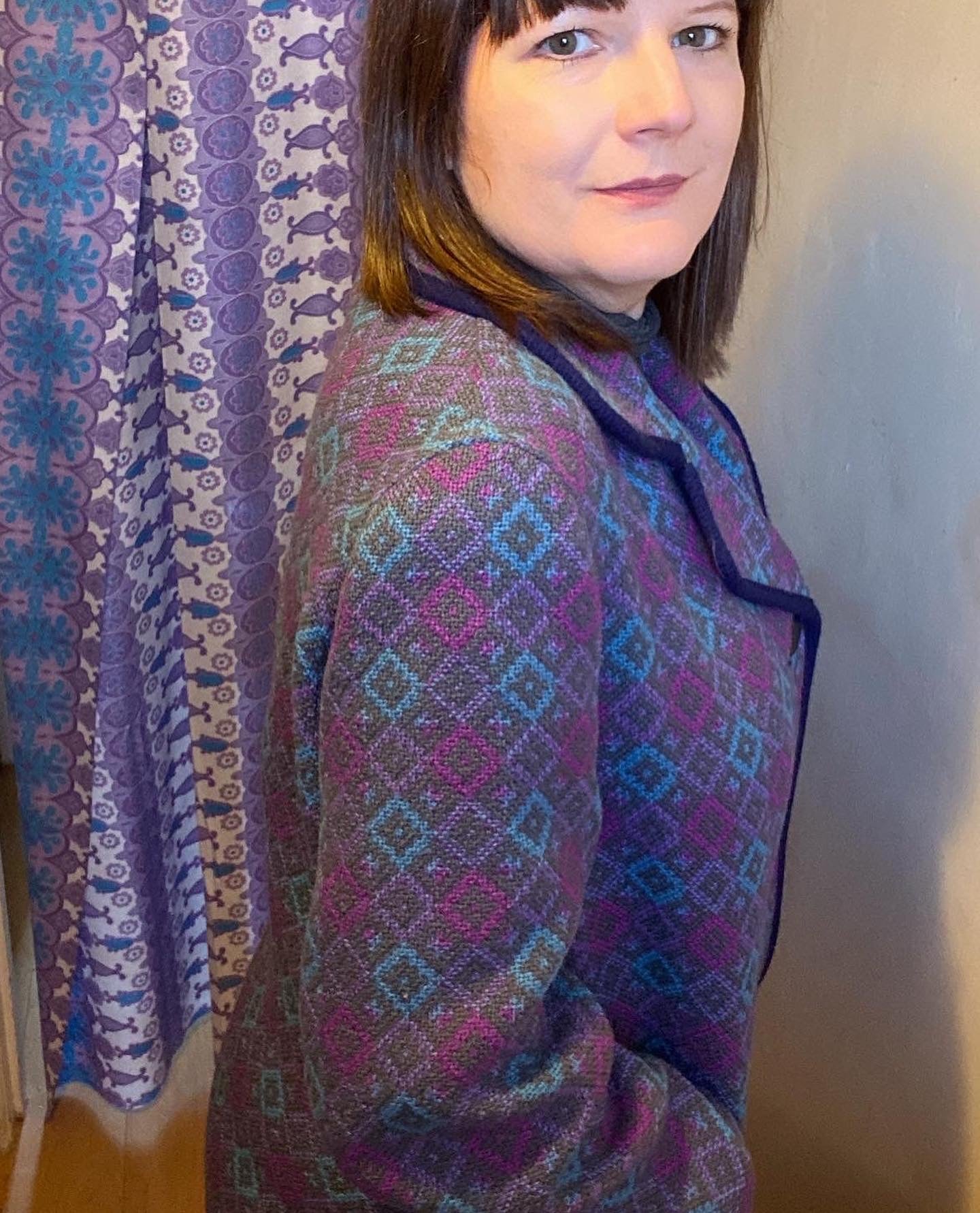 Vintage 60s Welsh wool Tapestry pea coat blue pink geometic print size 14 pockets