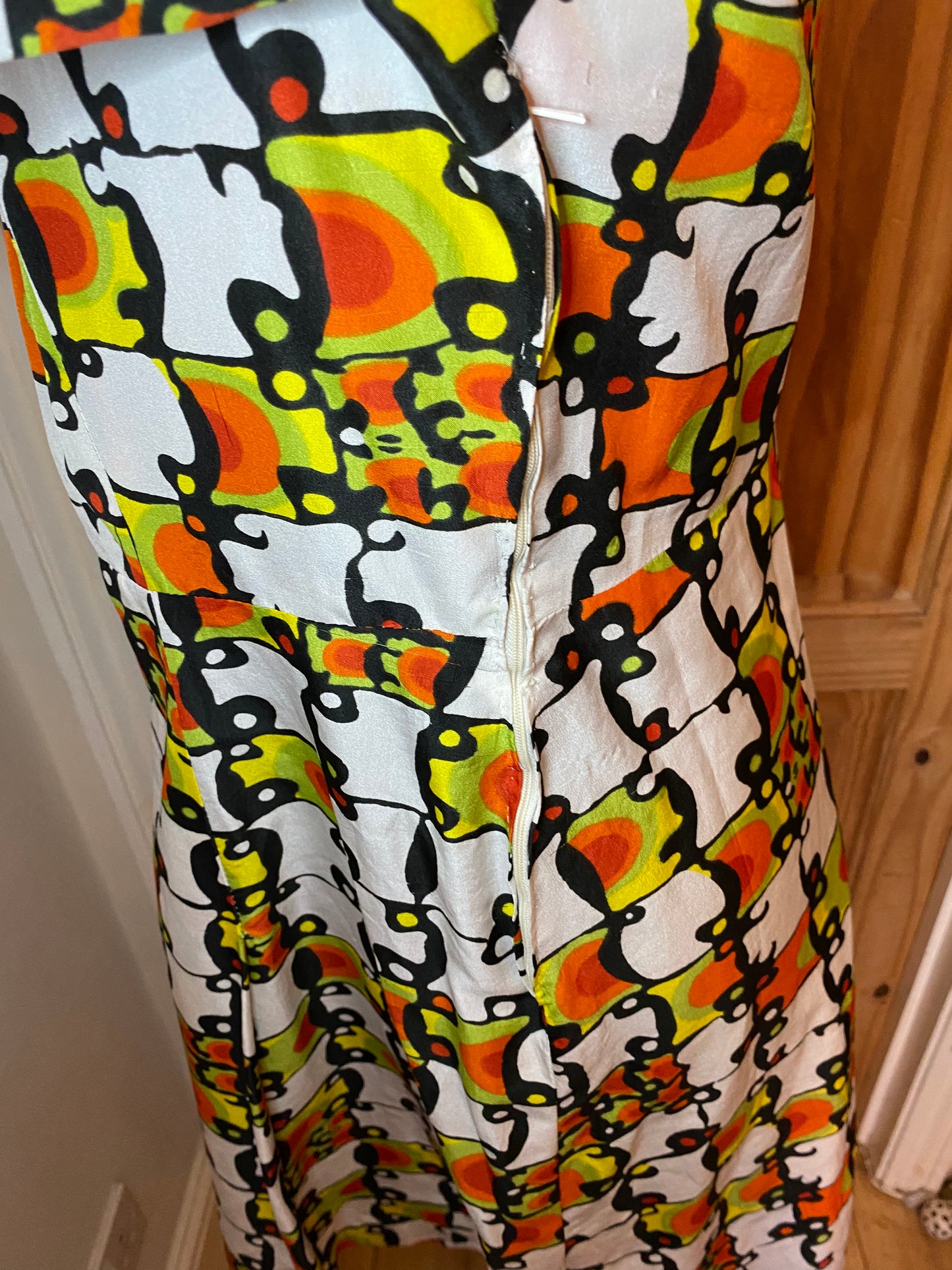 Vintage 70s polyester hand made funky print white orange green black mad collar dress size 14