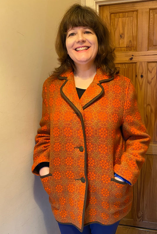 Vintage 60s orange Eclipse print Welsh Wool Tapestry pea coat jacket buttons pockets size 18 20