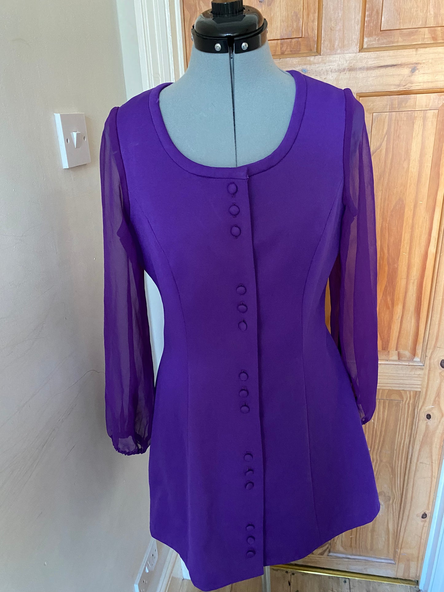 Vintage 60s Polyester purple sheer long sleeve mini dress size 10 12