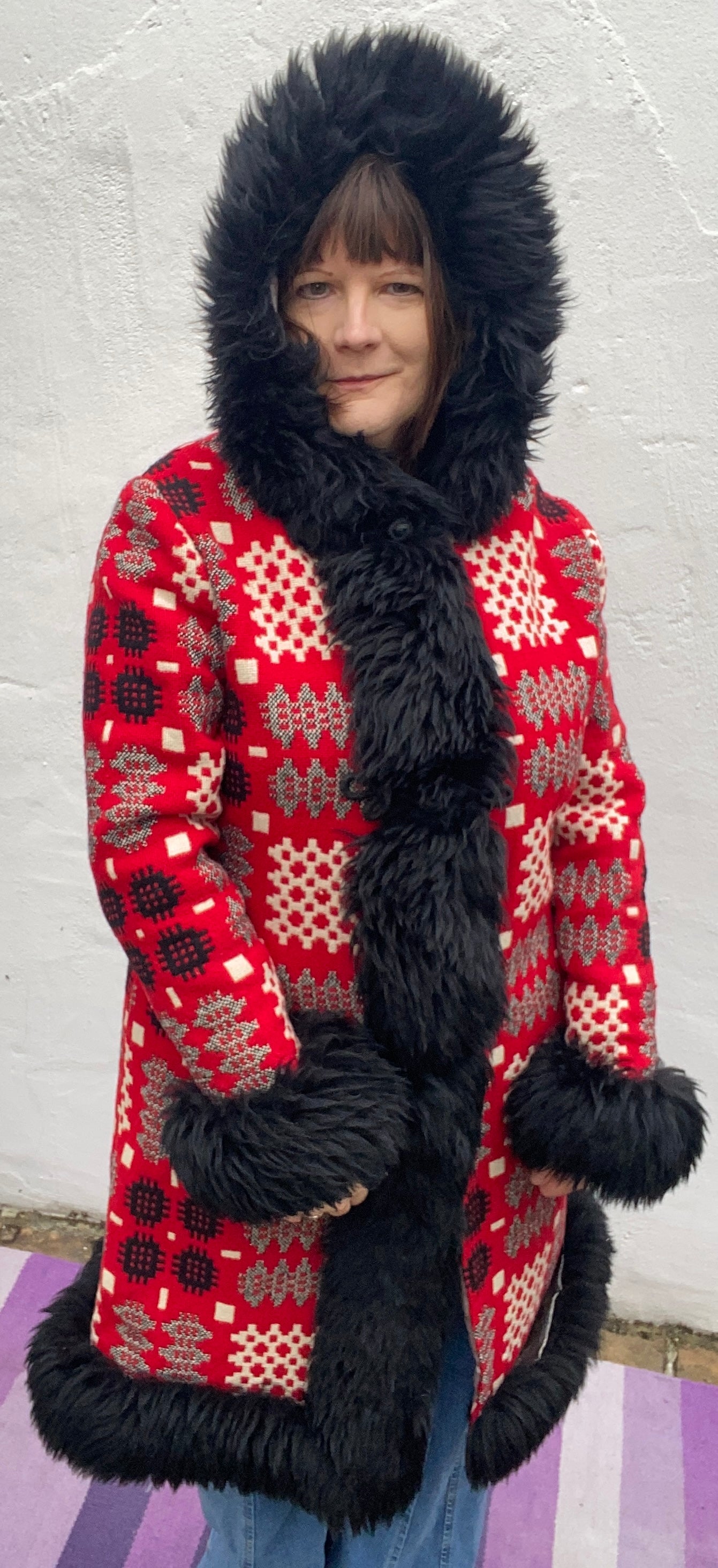 Vintage Welsh Wool Tapestry faux fur trim long hooded coat Pandy Red white grey up to size 16