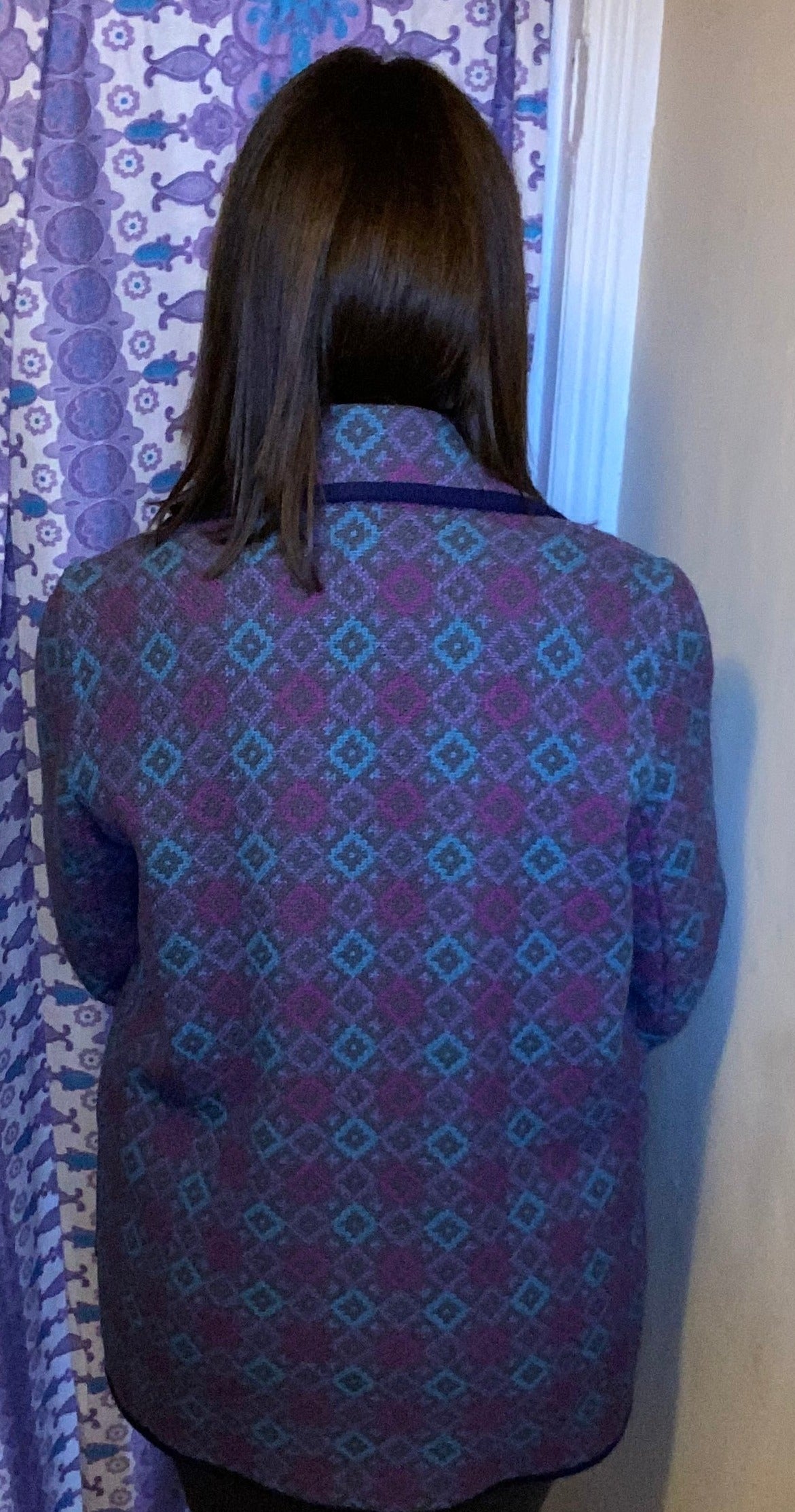 Vintage 60s Welsh wool Tapestry pea coat blue pink geometic print size 14 pockets