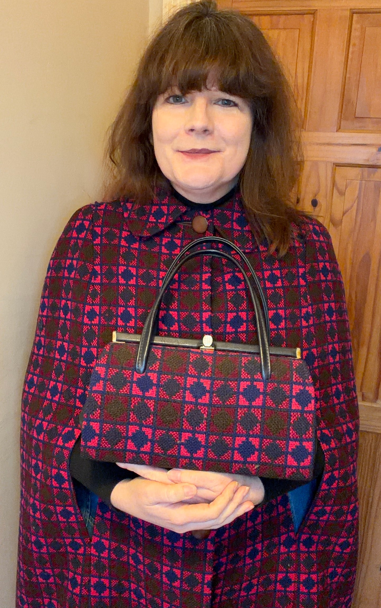 Vintage pink & purple geometric print Welsh Wool Tapestry handbag structured bag