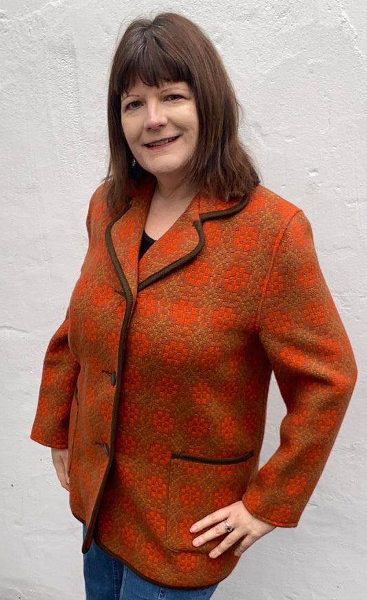 Vintage 60s orange Eclipse print Welsh Wool Tapestry pea coat jacket buttons pockets size 18 20