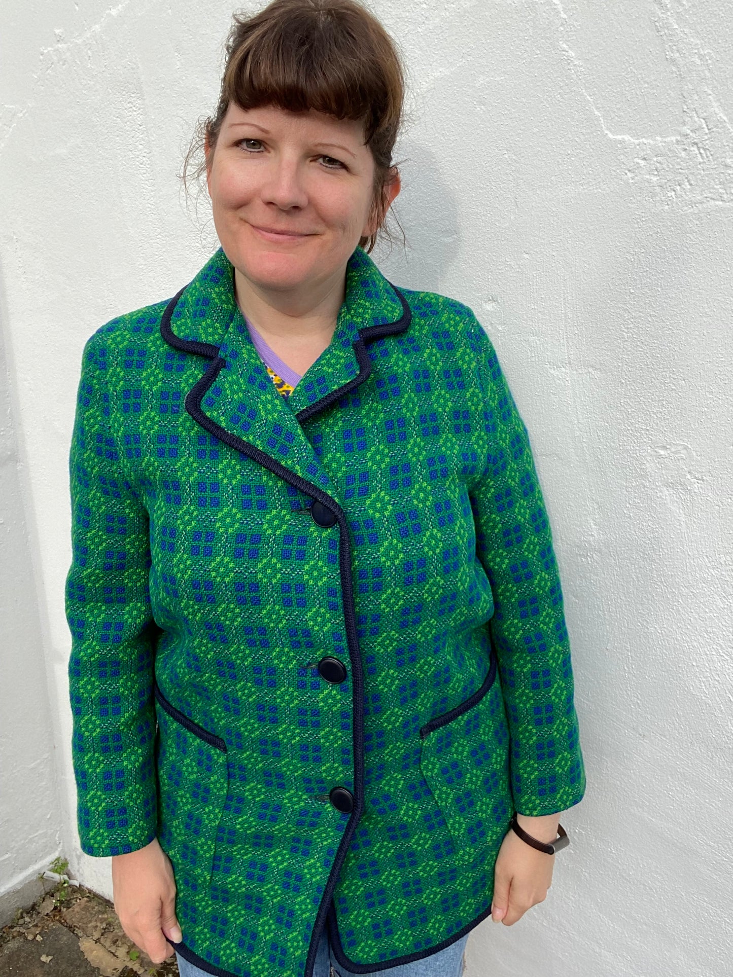 Vintage Welsh Wool Tapestry Pea coat jacket Green blue size 12 Eclipse geometric print pockets