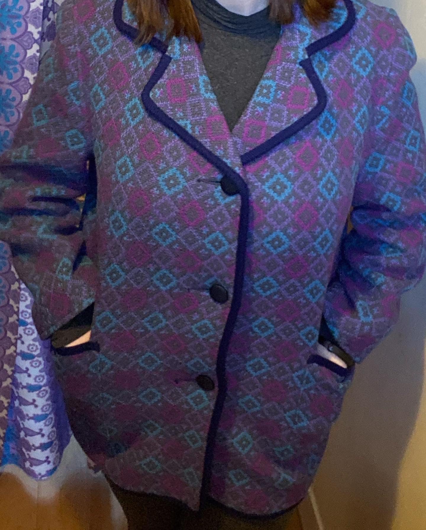 Vintage 60s Welsh wool Tapestry pea coat blue pink geometic print size 14 pockets