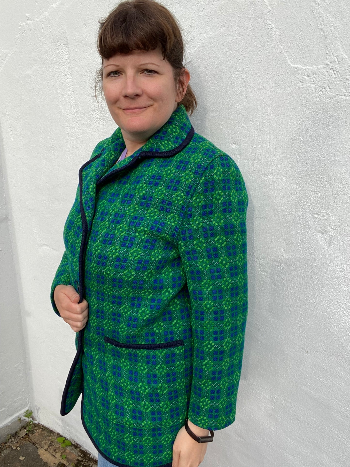 Vintage Welsh Wool Tapestry Pea coat jacket Green blue size 12 Eclipse geometric print pockets