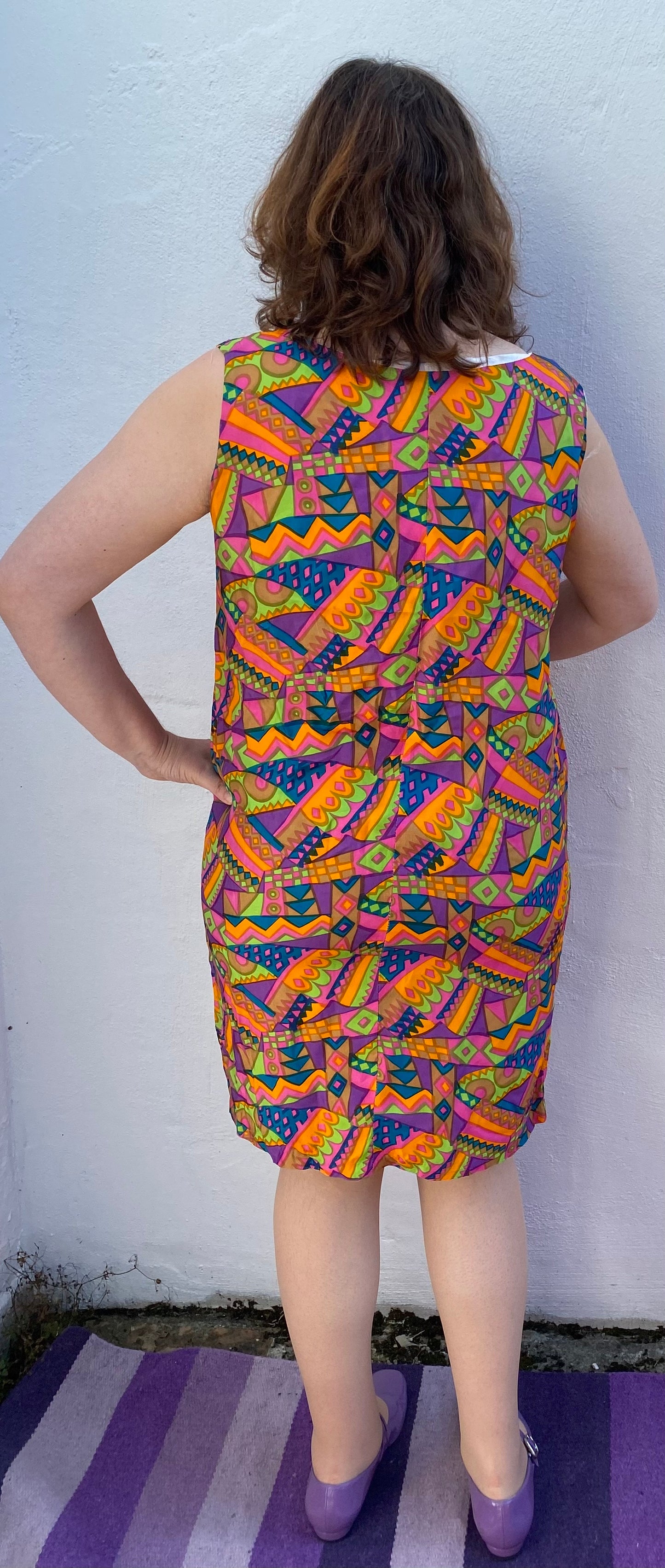 Vintage handmade multi coloured silky shift dress pink blue orange sleeveless size 14 16