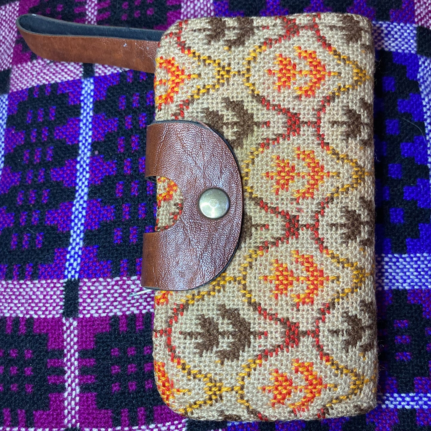 Vintage Orange brown Leather & Welsh Wool Tapestry Clutch purse Brynkir print