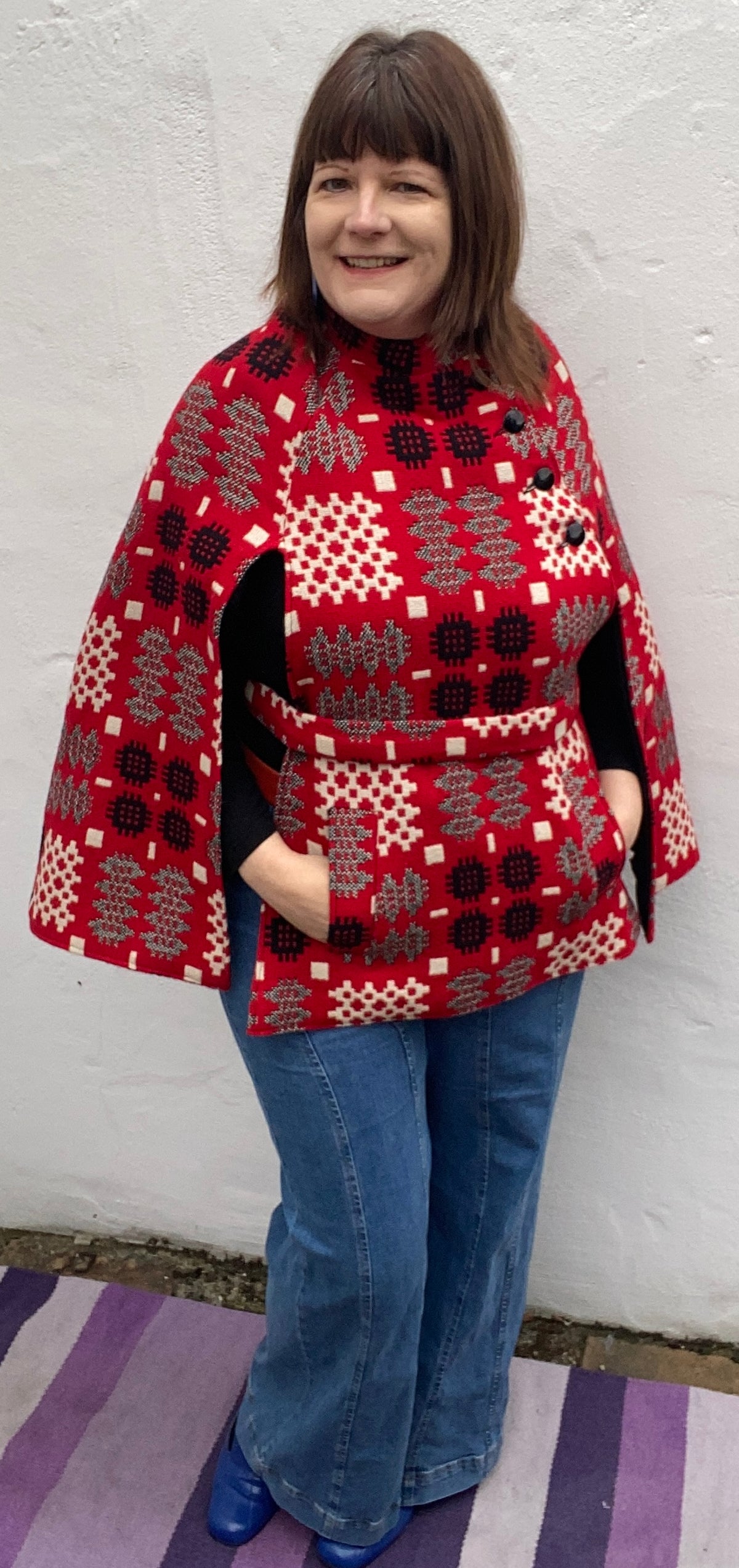 Vintage Welsh Wool Tapestry cape Portcullis print red white grey belt ...