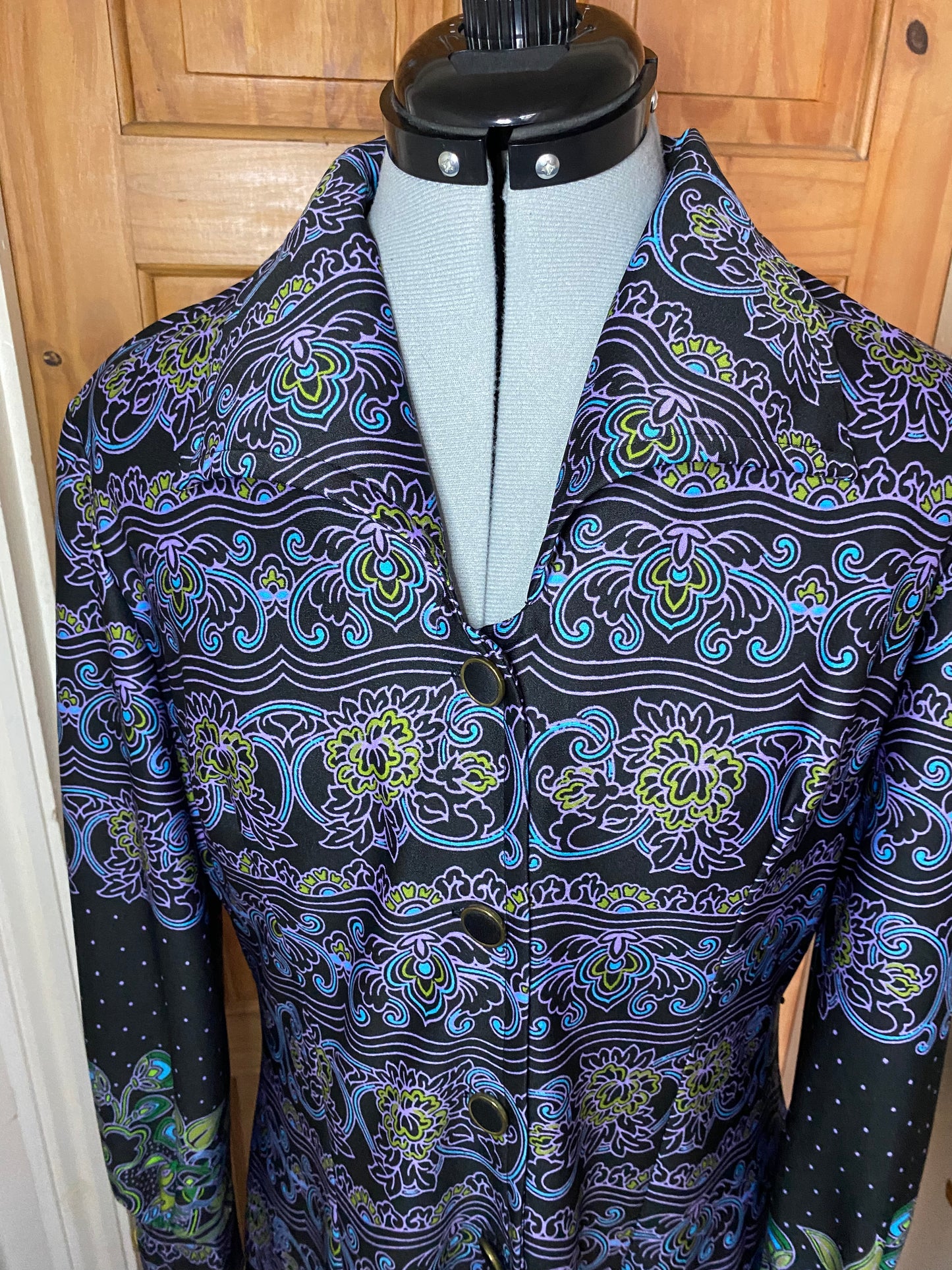 Vintage 70s polyester C&A purple blue floral print dagger collar midi shirt dress size 12