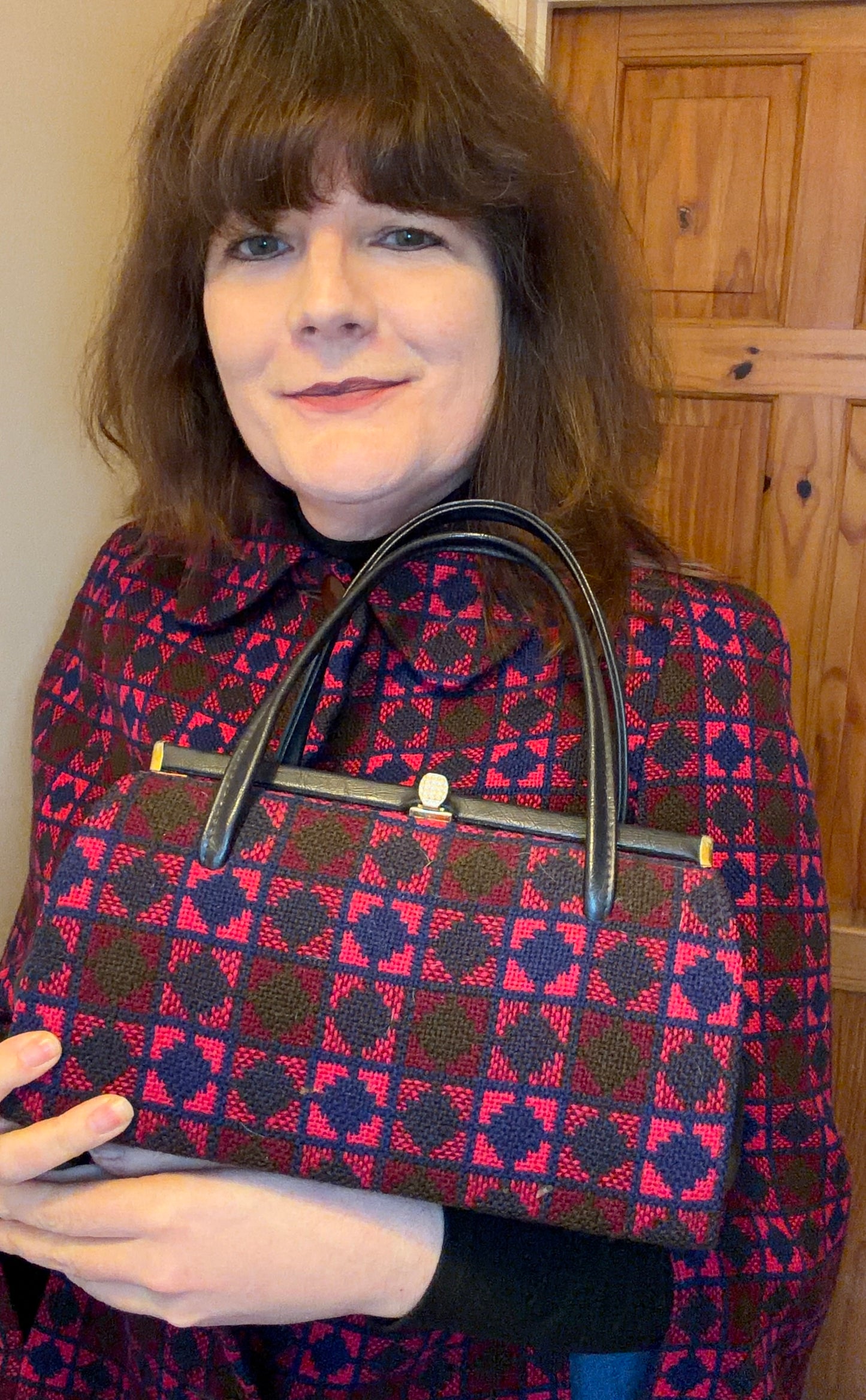 Vintage pink & purple geometric print Welsh Wool Tapestry handbag structured bag