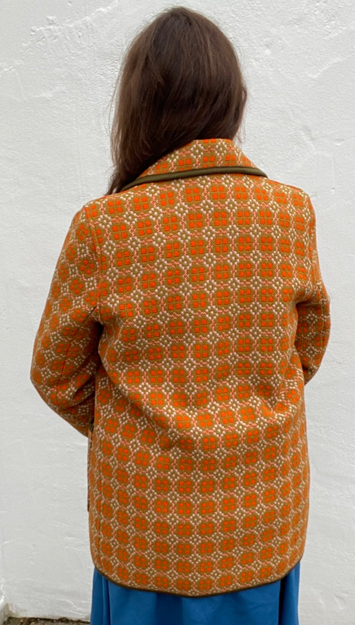 Vintage Welsh Wool Tapestry pea coat orange size geometric eclipse print size 14 pockets