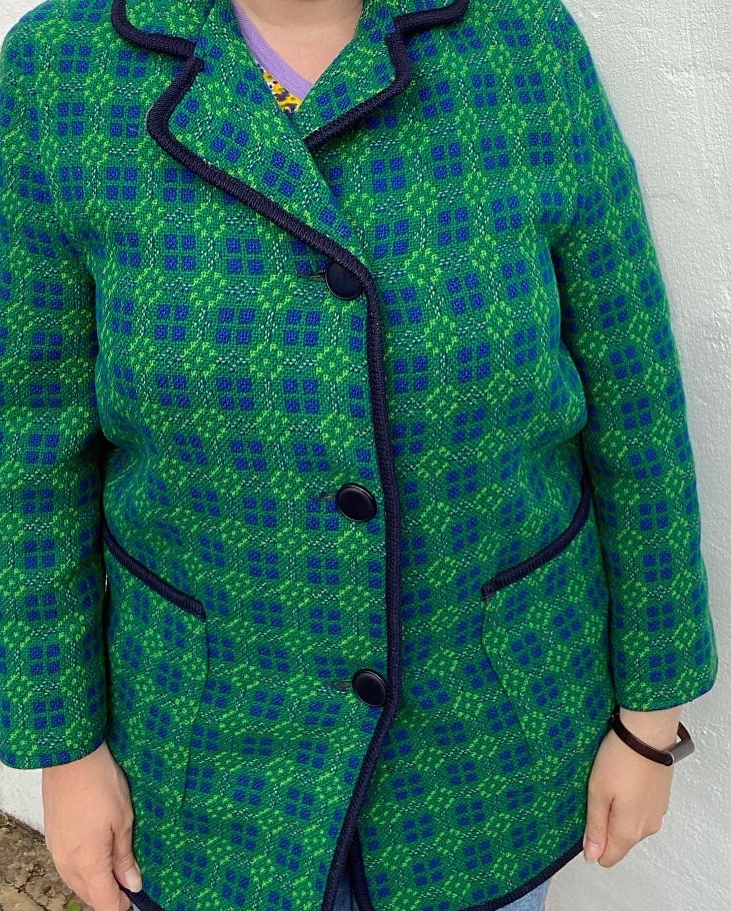 Vintage Welsh Wool Tapestry Pea coat jacket Green blue size 12 Eclipse geometric print pockets