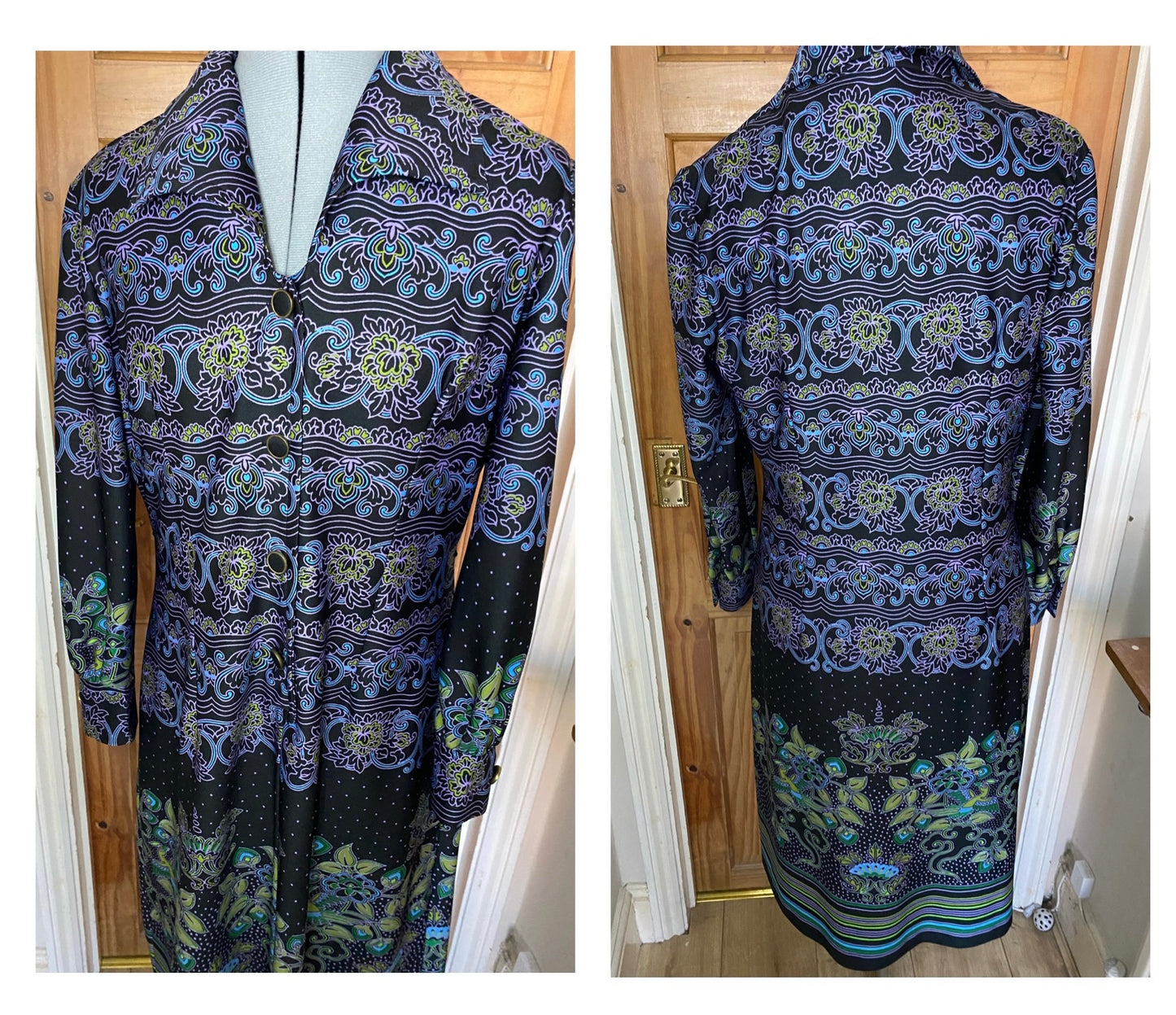 Vintage 70s polyester C&A purple blue floral print dagger collar midi shirt dress size 12