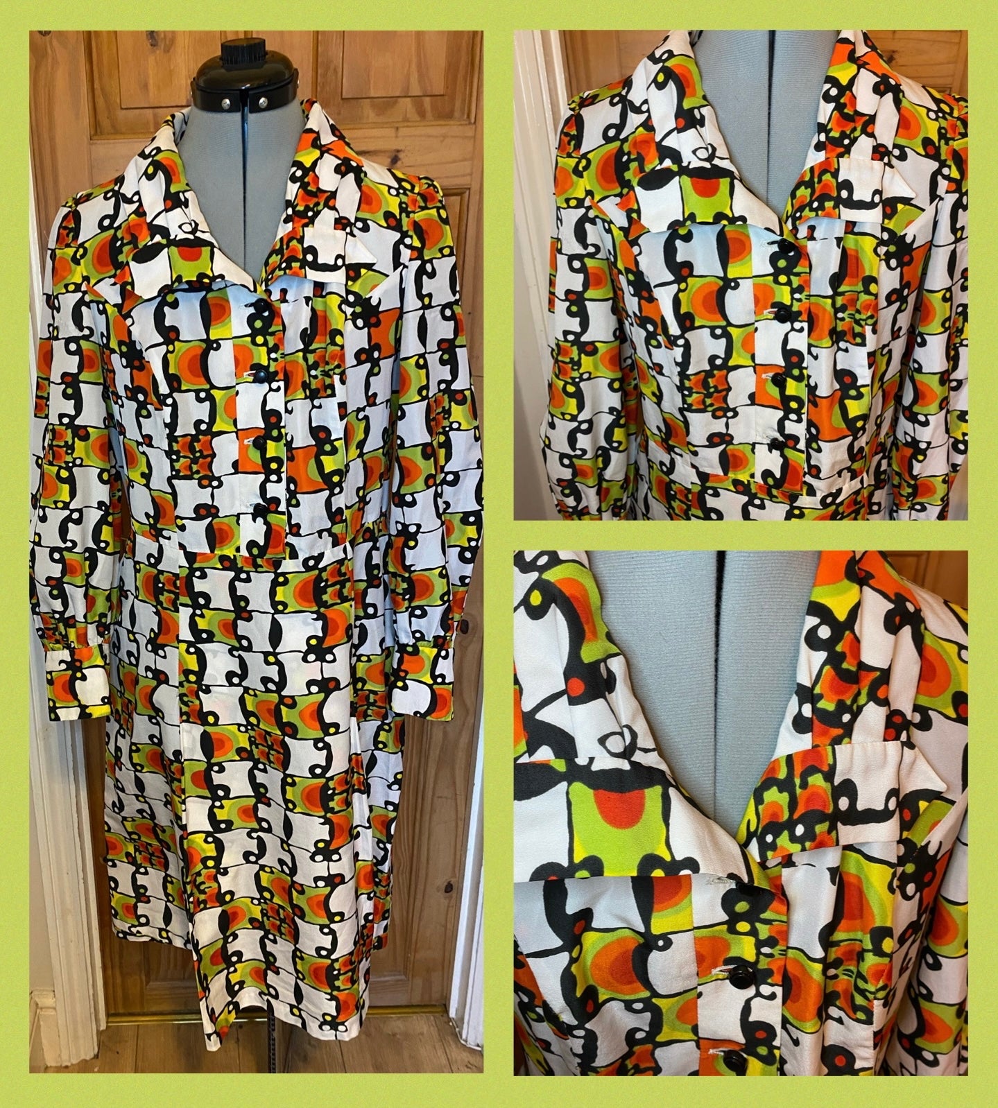 Vintage 70s polyester hand made funky print white orange green black mad collar dress size 14