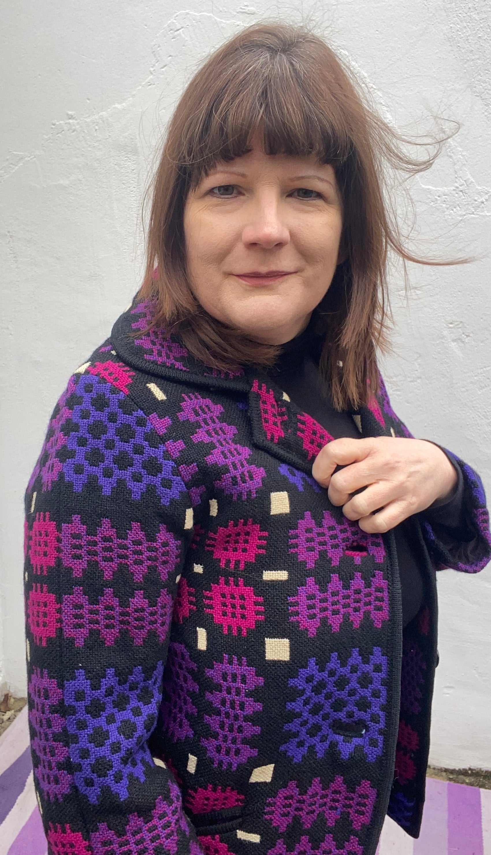 Vintage 60s 70s Welsh Wool Tapestry Jacket portcullis print purple