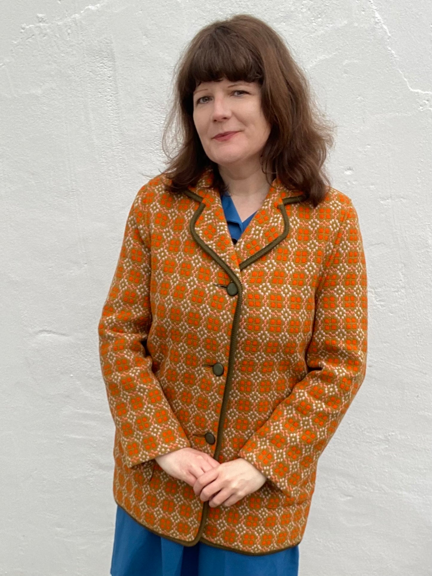 Vintage Welsh Wool Tapestry pea coat orange size geometric eclipse print size 14 pockets