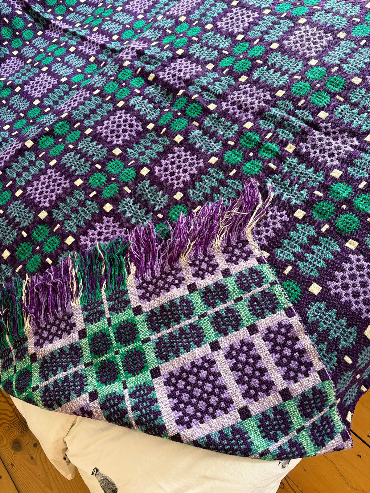 Vintage Welsh Wool Tapestry blanket Derw green purple blue VGC double portcullis pattern