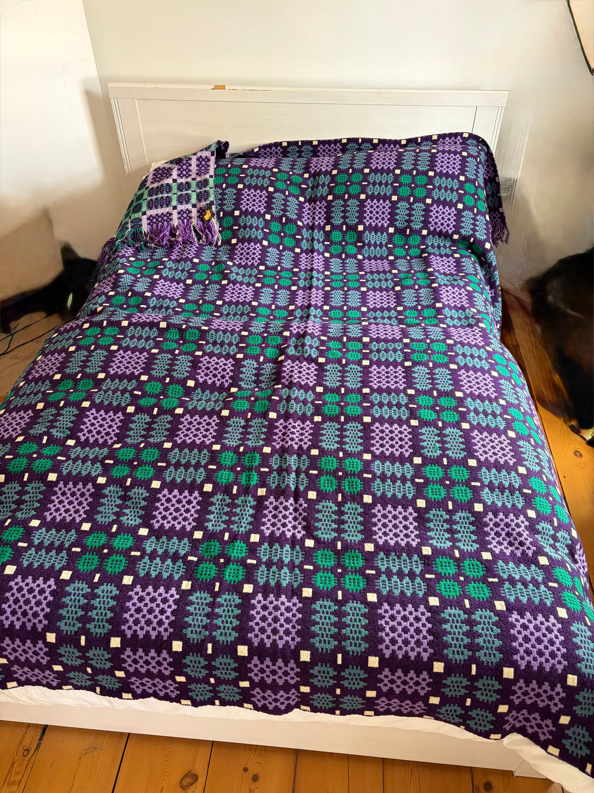 Vintage Welsh Wool Tapestry blanket Derw green purple blue VGC double portcullis pattern