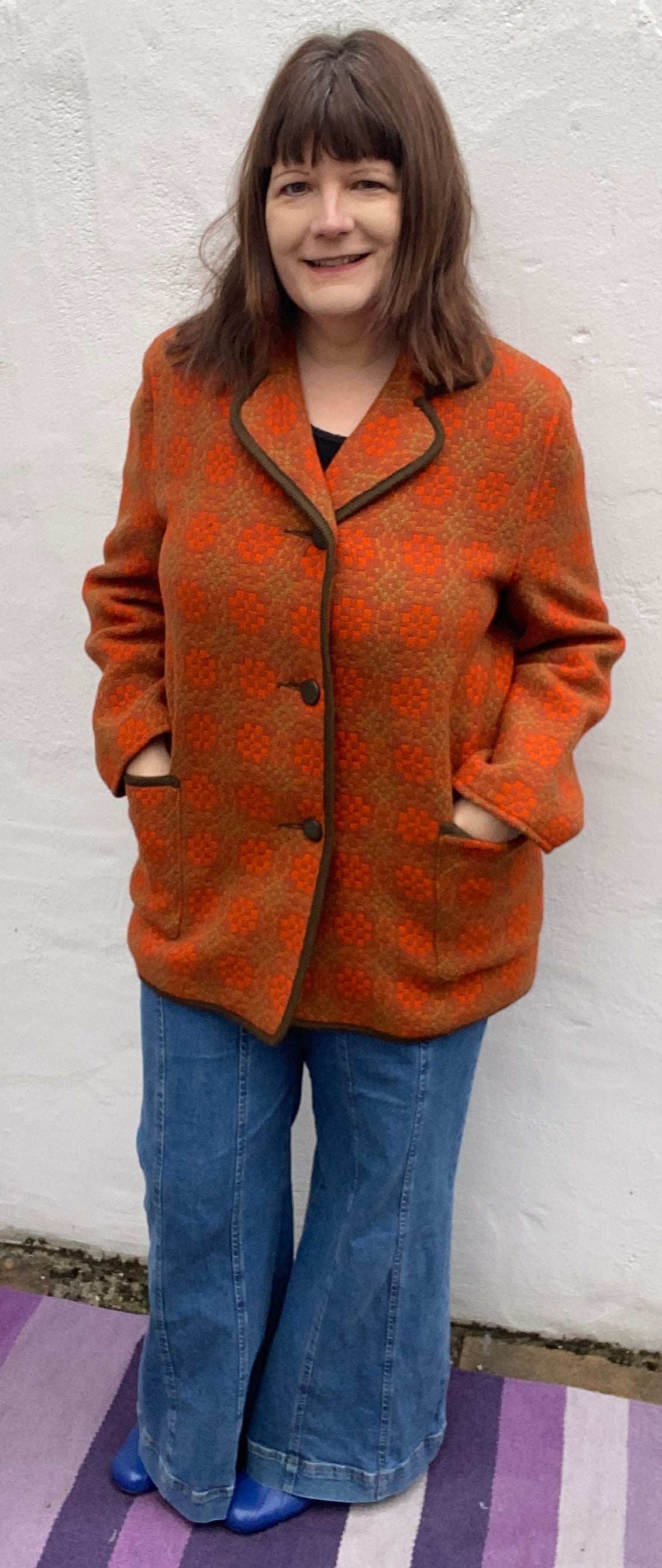 Vintage 60s orange Eclipse print Welsh Wool Tapestry pea coat jacket buttons pockets size 18 20