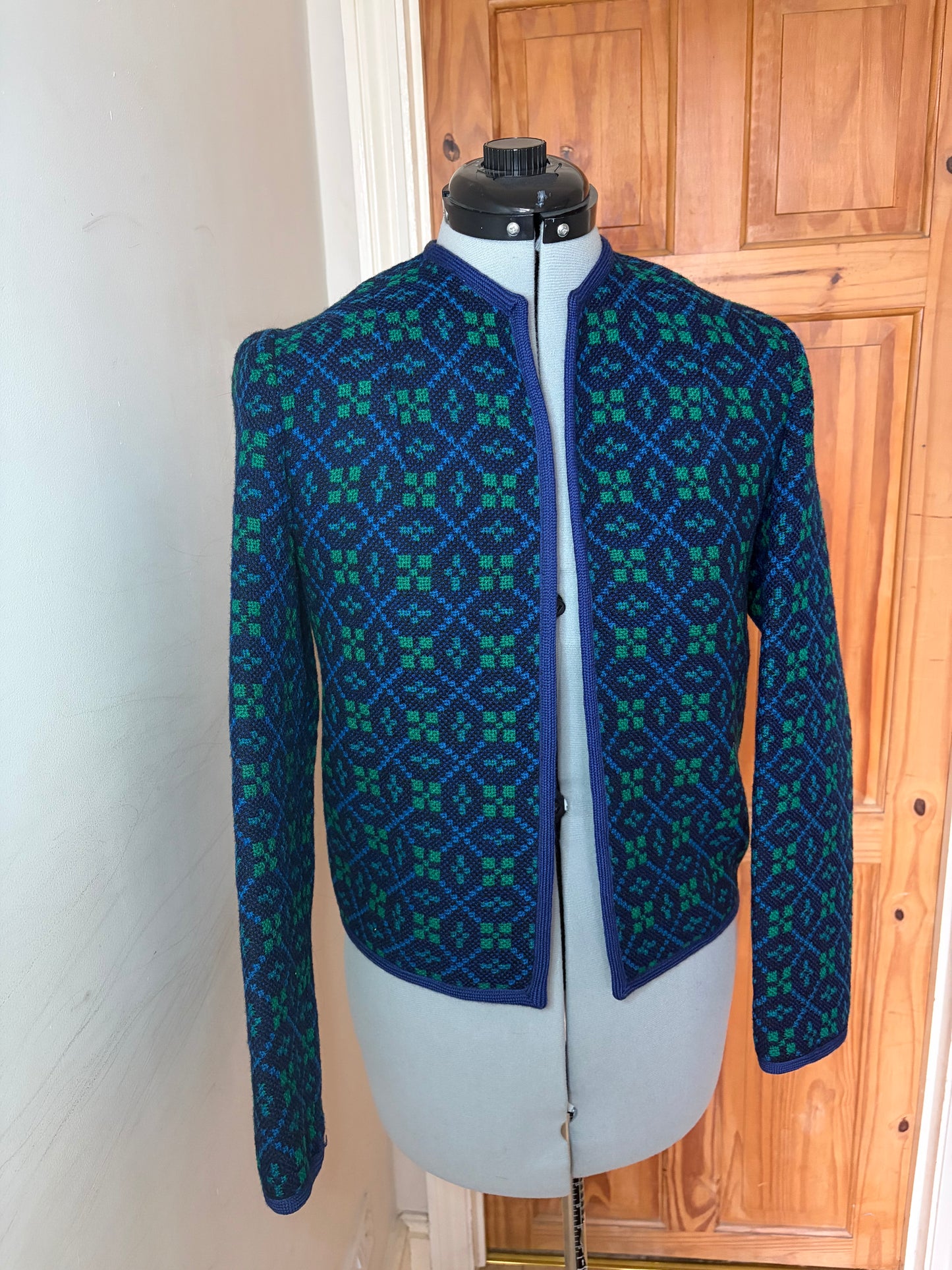 Vintage geometric Print Welsh Wool Tapestry jacket smart dark blue turquoise size 10 small