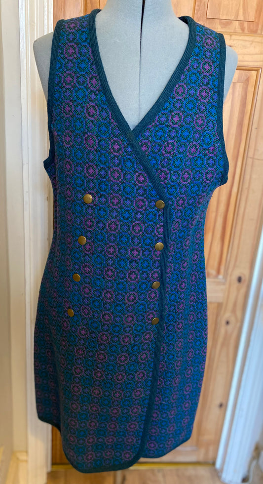 Vintage 60s Welsh wool tapestry tunic dress turquoise blue pink print double breasted size 12