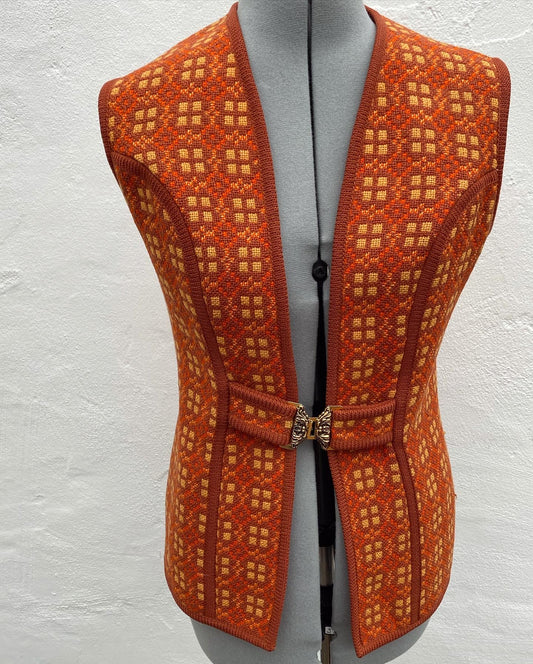 Vintage 60s Welsh wool tapestry waistcoat orange size 12 Eclipse print