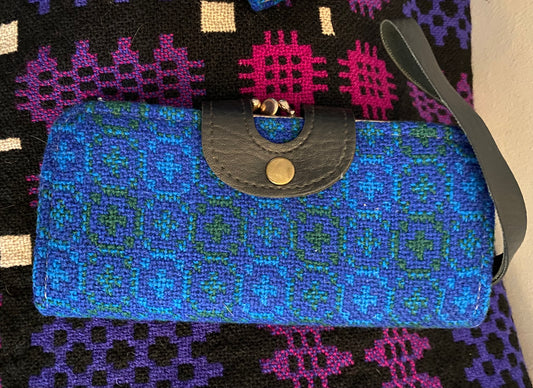 Vintage Blue Leather & Welsh Wool Tapestry Clutch purse large