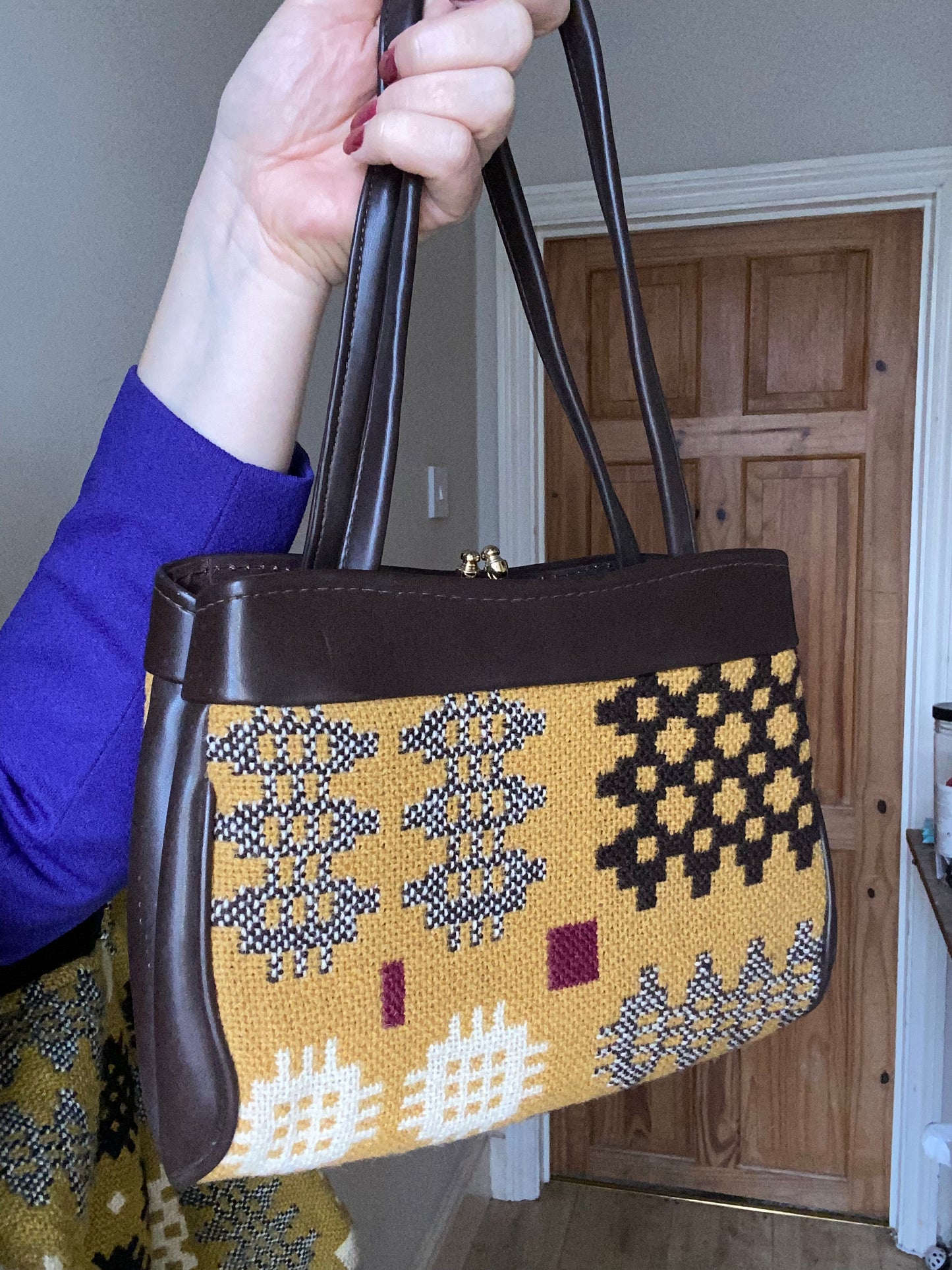 Vintage yellow mustard white black Welsh Wool Tapestry small hand bag handbag leather straps