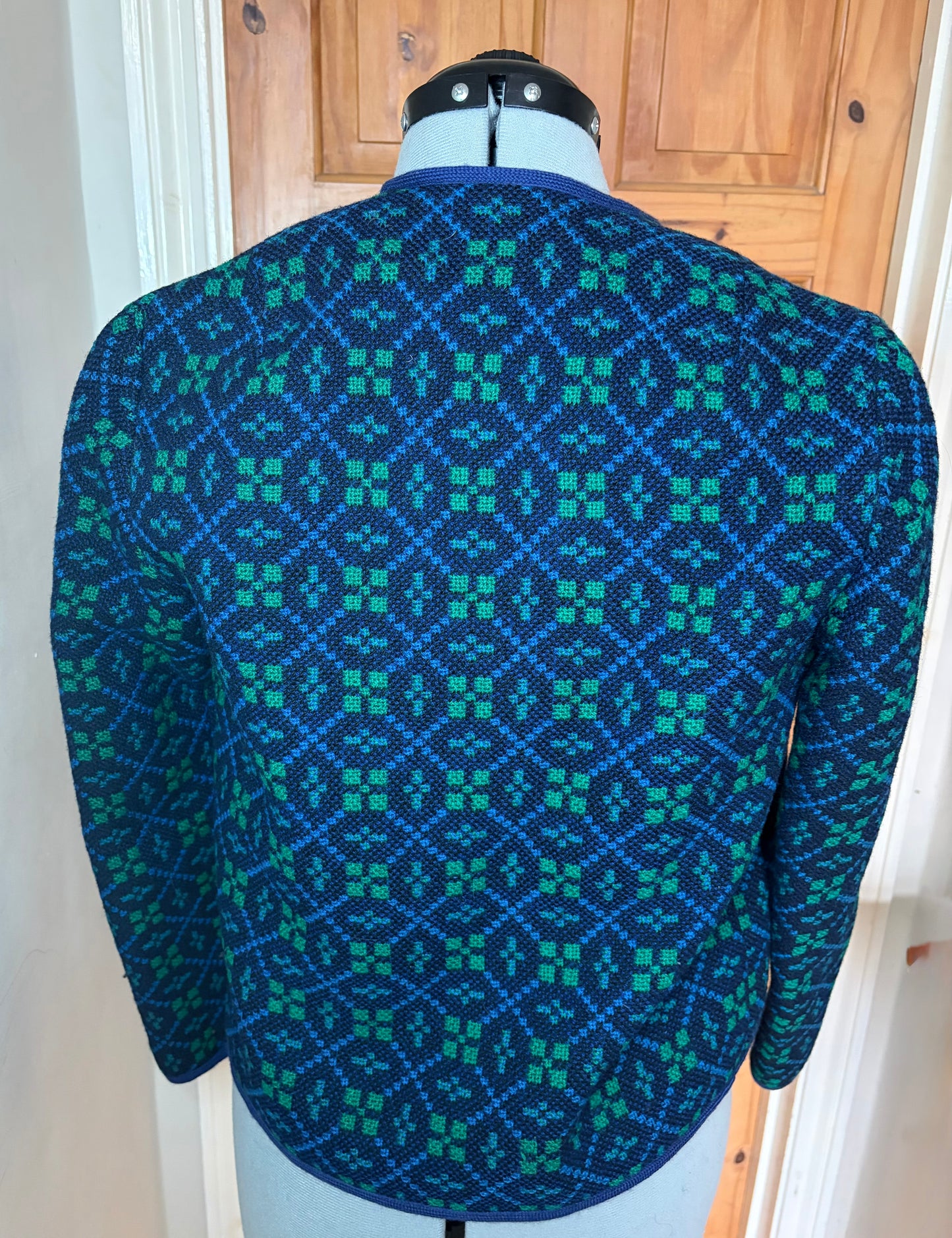 Vintage geometric Print Welsh Wool Tapestry jacket smart dark blue turquoise size 10 small